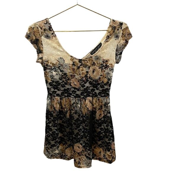 Topshop Black Brown Double V Floral Lace Woman's Mini Skater Dress - Picture 2 of 7